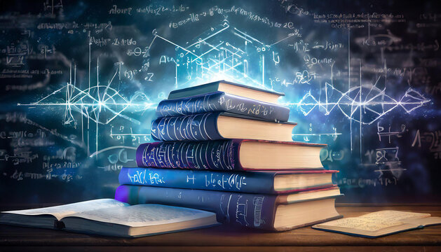 a pile of textbooks with a hologram board background of physics formulas, Generative AI