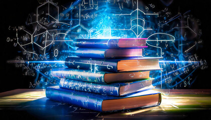 a pile of textbooks with a hologram board background of physics formulas, Generative AI
