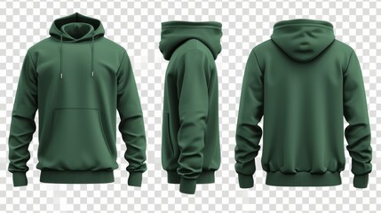Set of green front and back view tee hoodie hoody sweatshirt on transparent background cutout, PNG file. Mockup template for artwork graphic design --ar 16:9. - obrazy, fototapety, plakaty