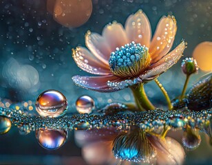 
Magical water droplets on beautiful and amazing dandelions that create a good atmosphere, coziness, pleasant background, mood