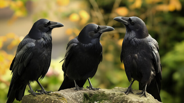 Three ravens conversing on a rock.