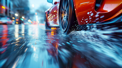 luxury red sports car in the city on road with rain. Back rear wheel on wet slippery asphalt close-up