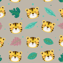 Childish seamless pattern with cute lion head. Kid's boho style. Drawn pattern with a lion cub. Vector illustration.