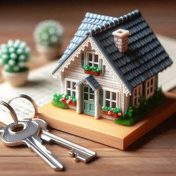 A miniature model of a cozy tiny house with a set of silver keys placed beside it ,A miniature model of a cozy tiny house with a set of silver keys placed beside it, symbolizing the concept of purchas