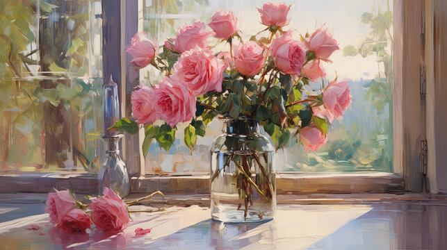 Beautiful bouquet of pink roses in a vase by the window, watercolor