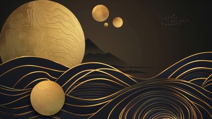 A Japanese background with gold texture in a circle shape modern. Moon and sun with abstract line patterns. Template design.