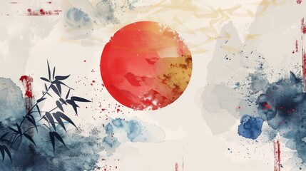 Background with traditional Japanese pattern and icon moderns. Watercolor texture in Chinese style. Circle object banner.