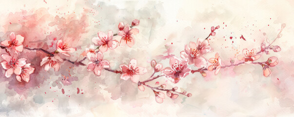 Ethereal Cherry Blossom Panorama. A delicate and artistic wide-format painting of cherry blossoms in soft watercolor hues, creating a serene and romantic springtime scene.