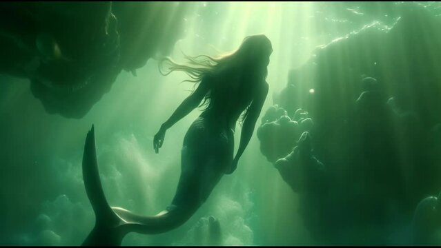 Mermaid in the water, fabulous mythical creature woman with a fish tail swimming in the ocean.