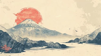 Fototapeten Detailed landscape background with Japanese pattern modern. Vintage style mountain template with curve elements. © Mark