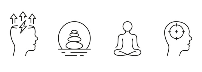 Calm And Relax Line Icon Set. Meditate For Mental Health Linear Pictogram. Stone Balance Outline Sign. Positive Energy, Wellness Symbol Collection. Editable Stroke. Isolated Vector Illustration