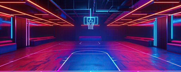 Neon lights flash on the basketball court. Futuristic background.