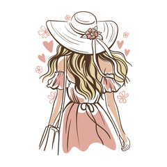 Woman girl in summer hat, rear view, feeling self-love, bliss, harmony, positive emotions. Happy calm peaceful girl in a summer dress. Caring, humanity, self-help and beauty concept