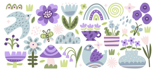 Spring abstract shapes set with birds, flowers blossoms, natural elements, seasonal weather symbols © Mykola Syvak