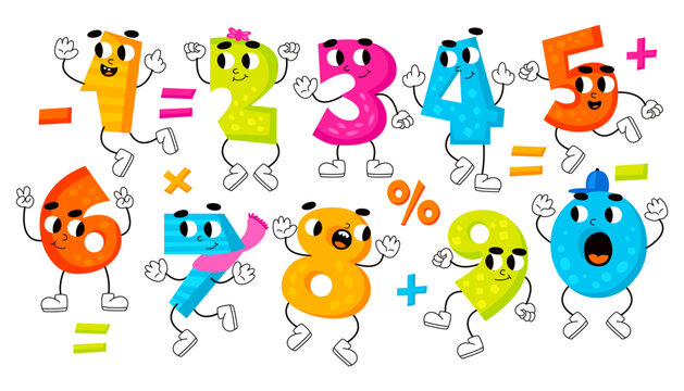 Funny colorful numbers cartoon characters and mathematical operation signs set vector illustration