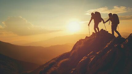Hikers Supporting Each Other at Sunset on a Mountain Range