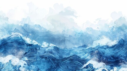 This is an abstract art landscape banner design with watercolor texture modern featuring blue brush strokes and Japanese ocean waves.