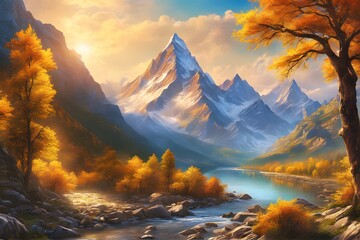 Landscape of Two Mountains and River (JPG 300Dpi 10800x7200)