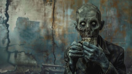 Zombie in daylight savoring coffee editorial look