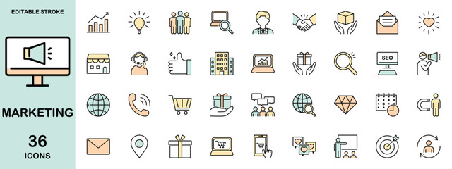 Obraz na płótnie Canvas Marketing colorful icons set. Included icons as digital marketing, social media, e-commerce. Editable stroke. Vector illustration