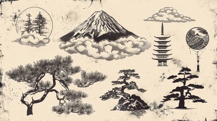Modern set of hand drawn clouds with Japanese pattern. Oriental decoration with logo design, flyer or presentation in vintage style. Fuji mountain, bamboo, bonsai tree element with geometric shape.