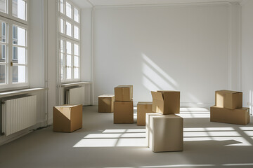 Sunlight Casting Shadows in a Classic Room Filled with Moving Boxes