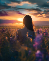 Ethereal Woman in a Wildflower Meadow at Sunset