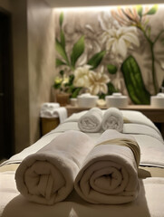 Elegant Spa Treatment Setup with Rolled Towels and Serene Decor