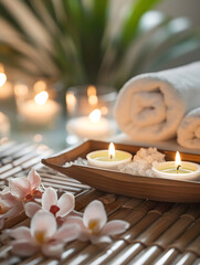 Obraz na płótnie Canvas Elegant Spa Treatment Setup with Rolled Towels and Serene Decor