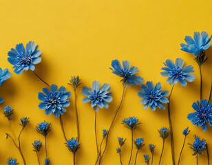 Um barrado de flores azuis com fundo amarelo e espaço para texto.
