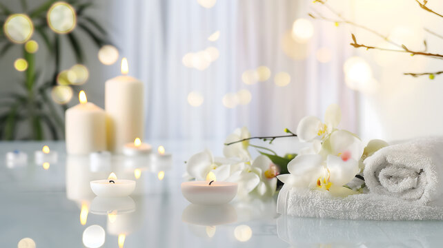Serene Spa Setting with Candles, Towels, and Flowers on Shimmering Background