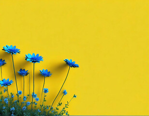Um jardim de flores azuis com fundo amarelo e espaço para texto. Imagem minimalista.