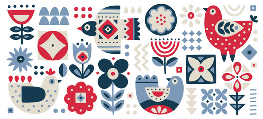 Scandinavian folk abstract botanical pattern Nordic minimal style ornaments set vector illustration