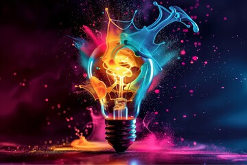 Colorful light bulb explosion splashes on dark background, vibrant hues and futuristic influences. New idea, creativity, inspiration, brainstorming abstract concept.