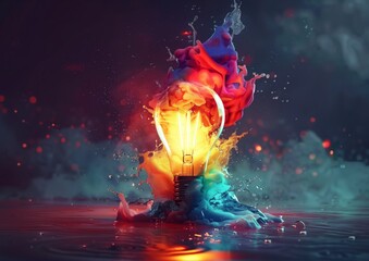Colorful light bulb explosion splashes on dark background, vibrant hues and futuristic influences. New idea, creativity, inspiration, brainstorming abstract concept.