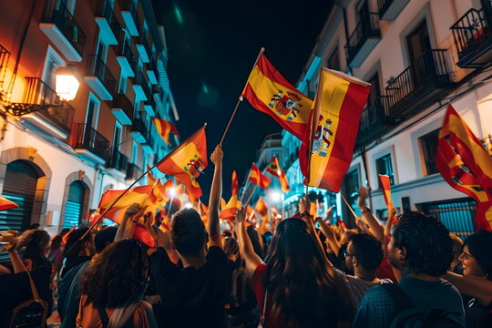 Fototapeta people celebrating and waving spanish flags on street