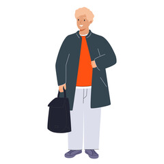 Young man walking with backpack on street. College student going, holding straps of bag. Abstract faceless guy.