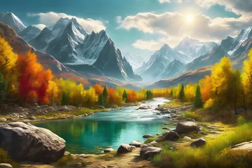 Foto op Canvas Landscape of Two Mountains and River (JPG 300Dpi 10800x7200) © CreativityMultiverse