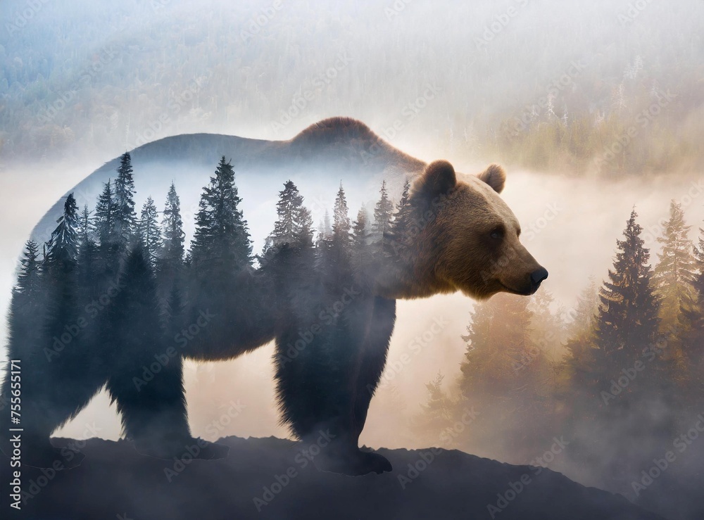 Poster  Double exposure of a bear silhouette and foggy forest.