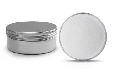 Silver round metallic tin, cosmetic box, metal can, aluminum packaging. 3d illustration.