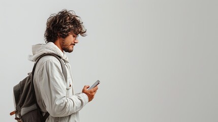 Smiling man using a smartphone It represents a modern scene of connection and happiness. On a clean white background It is a clear example of the simplicity and elegance of contemporary technology. - obrazy, fototapety, plakaty