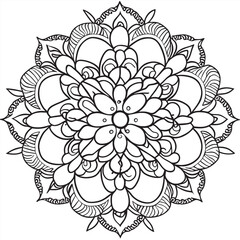 zen mandala ornated with large, medium and small henna inspired elements and indu calligraphy symbols use various line thicknesses, vector illustration line art