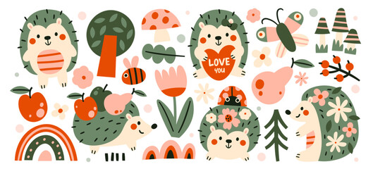 Childish cute hedgehogs characters harvesting in forest carrying ripe apples vector illustration