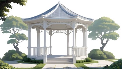 Obraz premium An elegant open-air white canopy gazebo with 4 pillars and open entranceway, isolated on a transparent background for easy placement in garden landscape designs