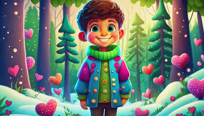 winter forest background with green trees graphics for winter or Christmas Happy little boy