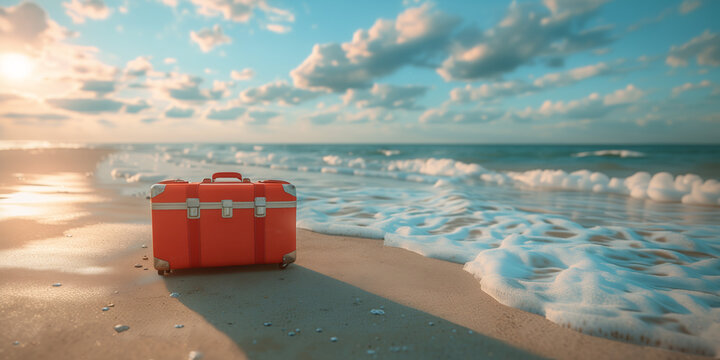 Bright red suitcase on the seashore