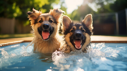 Celebrate National Puppy Day, two exuberant puppies revel in refreshing swim in sun-kissed pool. Their wet fur glistens in golden light, capturing the essence of carefree summer days and canine joy
