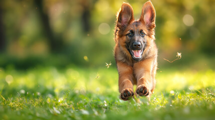 Naklejka premium A playful German Shepherd puppy is captured mid-leap, bounding energetically across a sunlit grassy field. The National Puppy Day care about puppies and encourage others to join in the celebration