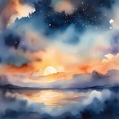 A magnificent watercolor illustration of a cloudy night sky and stars. Generative AI