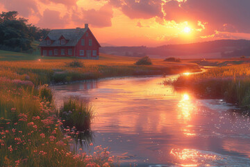 Fototapeta premium Landscape of house and river in morning background. Generative ai.
